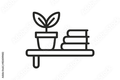 Minimalist line art of a potted houseplant and stacked books on a floating wall shelf