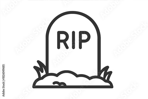 Minimalist black and white line art of a gravestone marked RIP resting in the ground