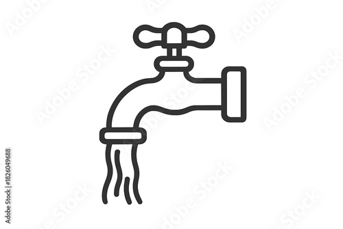 Simple black line drawing showing a water faucet running water on a white background