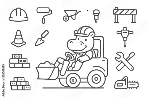 Smiling hippo construction worker operating a mini excavator surrounded by tools