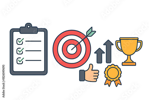 Business success achievement symbols showing target goal checklist growth and reward trophy