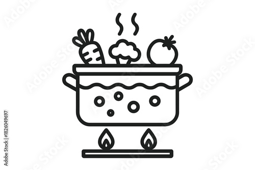 Carrots, broccoli, and tomatoes boiling in a large cooking pot over a heat source
