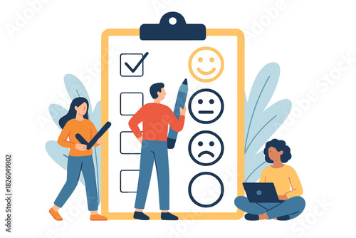 Team completing an online customer satisfaction survey form on a large clipboard