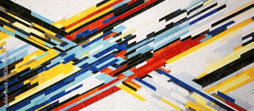 bright geometric mosaic with bold linear divisions, dynamic rhythm, vivid contrasting hues, contemporary energetic artistic feel