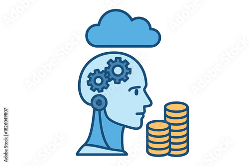 Artificial intelligence robot head with gears, cloud symbol, and money stacks for financial technology
