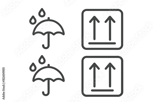 Shipping and handling symbols for package safety including keep dry and this way up icons