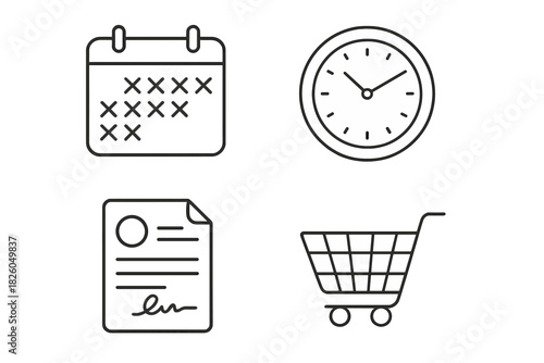 Essential business and e-commerce symbols including calendar, clock, contract, and shopping cart