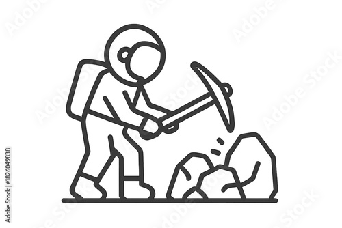 Astronaut in spacesuit mining rocks on an alien planet using a pickaxe for resource extraction
