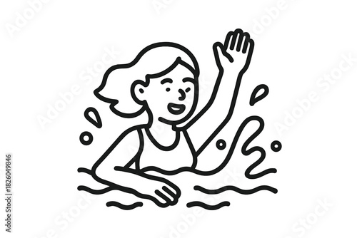 Cheerful woman enjoying a refreshing swim in the water raising her hand to wave