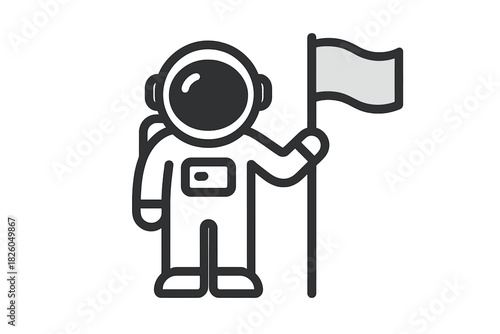 Minimalist black and white astronaut planting a flag on a distant planet surface