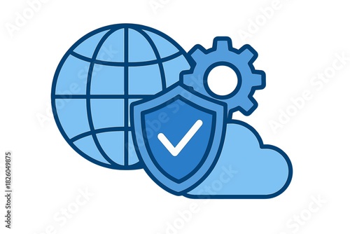 Worldwide data security and network management system symbolized by shield gear and cloud