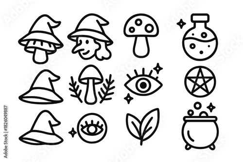 Set of mystical witch symbols including hats, cauldron, potion, pentagram, and magic elements