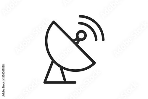 Black and white outline symbol of a parabolic antenna broadcasting wireless signals for global communication and technology concepts