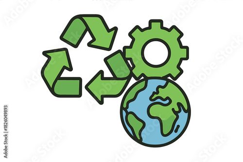 Environmental management concept with recycling arrows, gear, and planet Earth