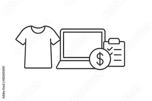 Online apparel business concept with t-shirt, laptop, money, and order checklist