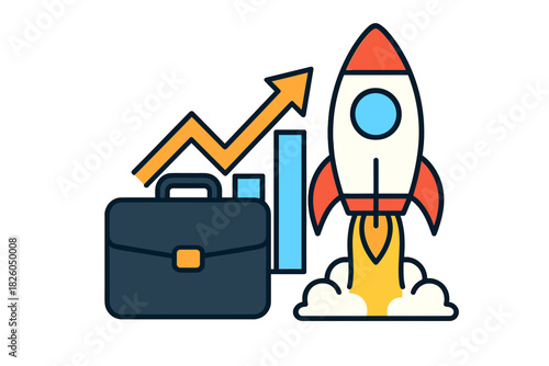 Briefcase, rising financial graph, and rocket launch symbolizing successful business strategy and progress