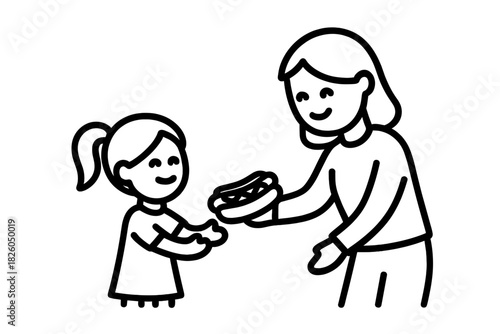 Adult woman handing a delicious hot dog snack to a smiling young girl