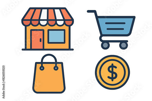 Colorful e-commerce and retail symbols: store, shopping cart, bag, dollar coin