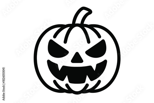 Black and white spooky Halloween pumpkin with carved angry face and sharp teeth