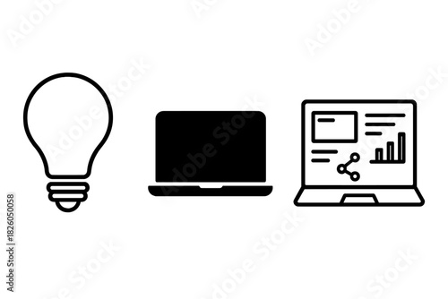 Essential business icons set featuring light bulb, laptop silhouette, and data analysis screen