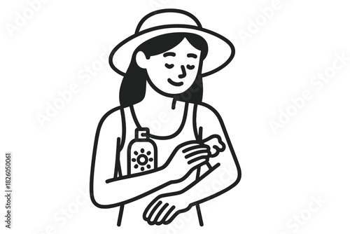 Woman in sun hat applying sun protection lotion to her arm during summer vacation