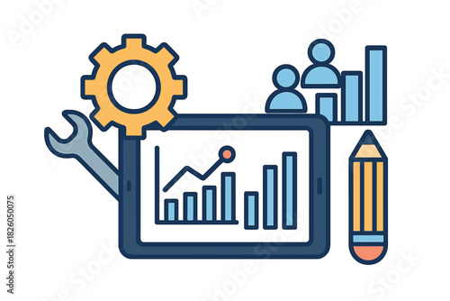 Business analytics and development tools with data visualization on a tablet screen