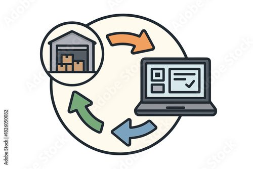 Supply chain management cycle showing warehouse storage and digital order processing