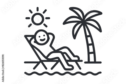 Happy person relaxing on a deck chair near a palm tree during summer vacation