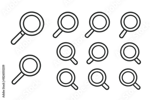 Twelve identical black outline magnifying glass symbols arranged in a grid pattern