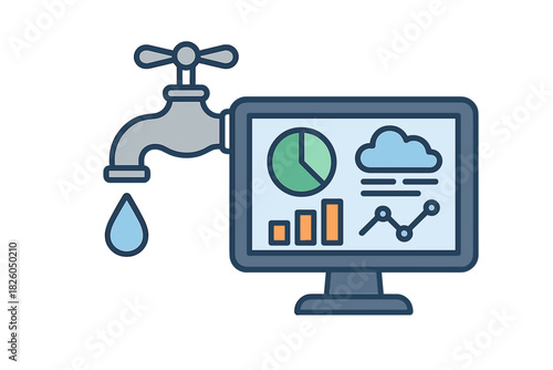 Digital data streaming concept with faucet, monitor, charts, and cloud storage