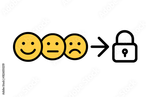 Customer satisfaction rating emojis transitioning to a digital security lock symbol