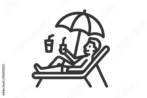 Minimalist graphic showing a person enjoying summer relaxation on a lounge chair with a drink