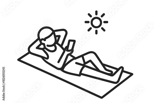 Person relaxing outdoors on a mat under the sun while looking at a mobile phone