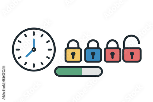 Clock, progress bar, and padlocks representing timed security or authentication steps