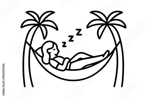 Relaxed woman taking a nap in a beach hammock between two tropical palm trees