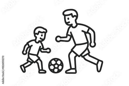 Adult and child playing soccer practicing dribbling and passing the ball