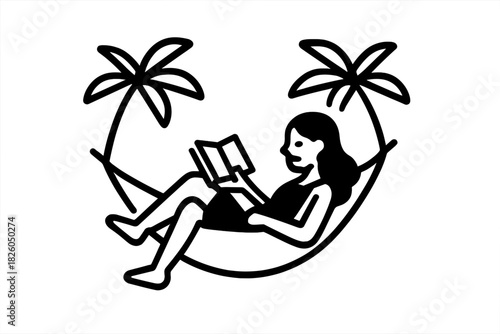 Relaxing woman reading a book in a tropical hammock suspended between two palm trees on vacation