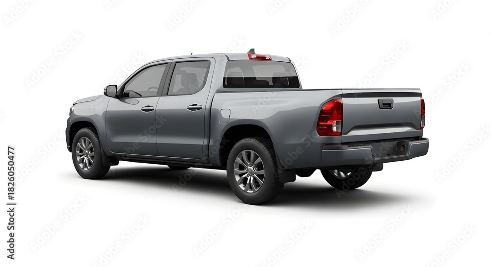 Fototapeta premium Grey Four-Door Pickup Truck, Rear Three-Quarter View, Isolated transparent background with Reflection