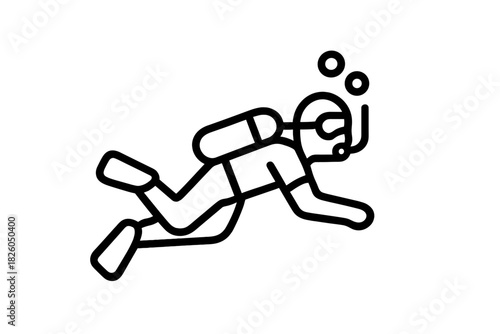 Scuba diver swimming horizontally underwater wearing a mask and air tank