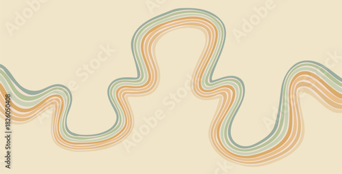 Groove 60s rainbow line background. Wavy stripes vintage colors cover. Playful squiggle wave arch wall design. Vector retro beige wiggle ornament. Simple music dynamic backdrop.