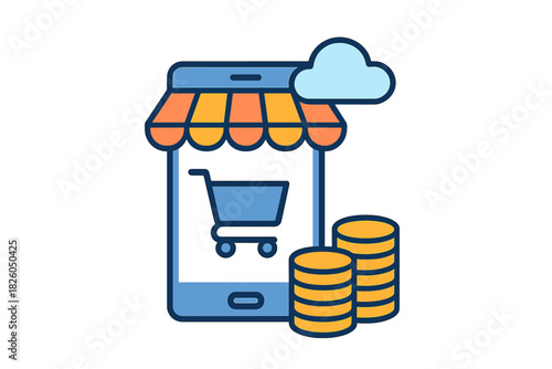 Mobile commerce concept with smartphone, shopping cart, cloud storage, and money stacks