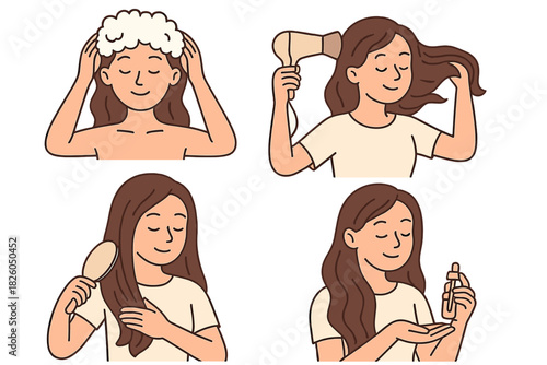 Woman following a four-step hair care routine: washing, drying, brushing, and moisturizing