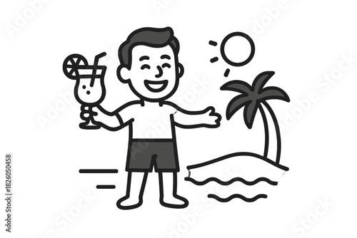 Person in swim trunks holding a tropical cocktail on a sunny beach near a palm tree