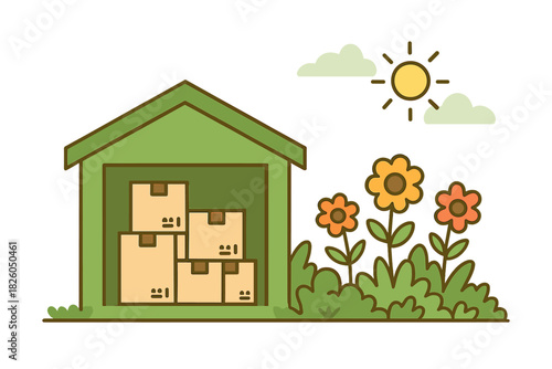 Green storage shed filled with stacked cardboard boxes next to blooming flowers under the sunny sky