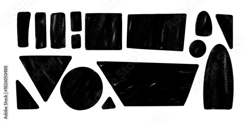 Geometric shapes with grunge hand drawn texture set. Ink rolled text boxes grainy frames. Arch, rectangle, triangle chalk crayon callouts geometry figures. Vector charcoal drawn quotation stickers.