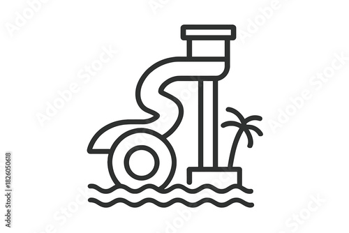 Water slide structure with floating tube and palm tree at a tropical water park resort