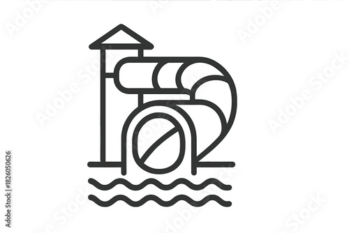 Black outline graphic of a water slide structure dropping into a swimming pool symbolizing summer recreation and water park entertainment