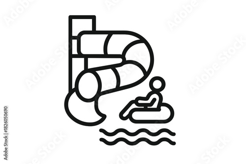 Excited person riding an inner tube down a steep curved water slide structure