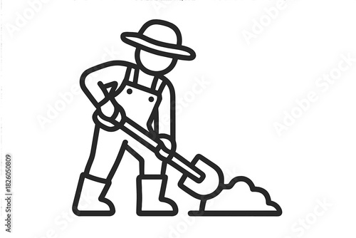 Gardener or construction worker digging soil with a shovel wearing overalls and a sun hat