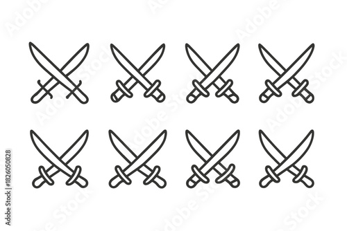 Collection of simple black and white crossed swords icons and saber symbols